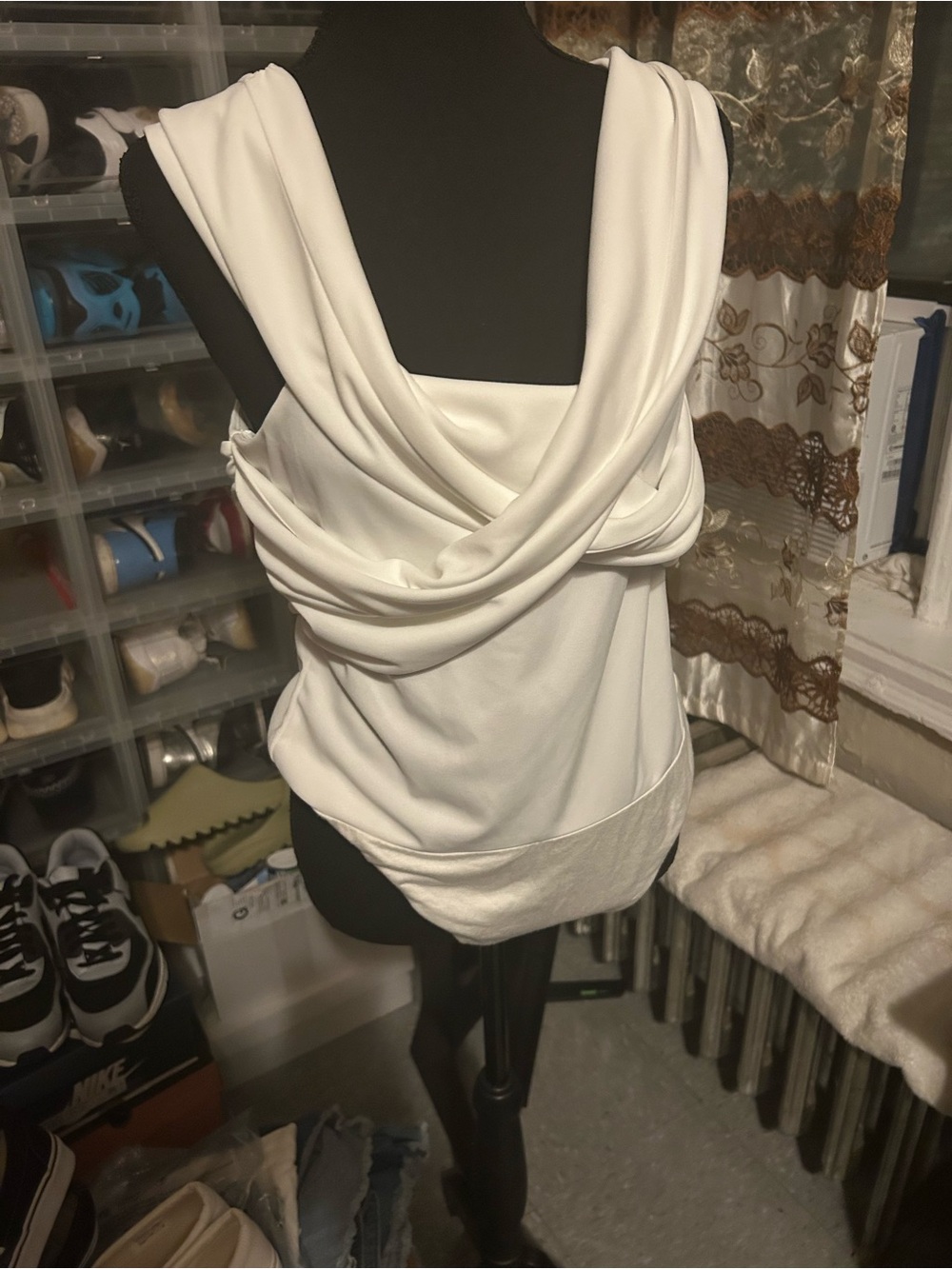 Bodysuit Draped Cream Sleeveless Drape-Front Tank